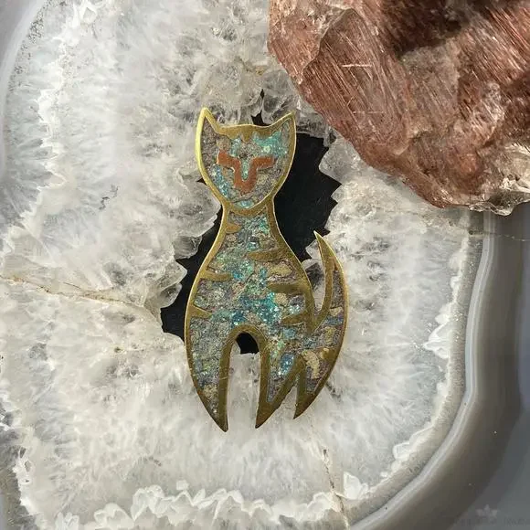 Sterling Silver Chip Inlay Cat Brooch, Made In Mexico - Picture 2 of 10